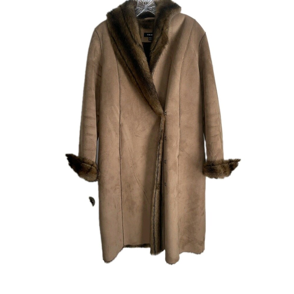 Tribal Coat Women's Size Brown Suede Full-Length Faux Fur Collar '